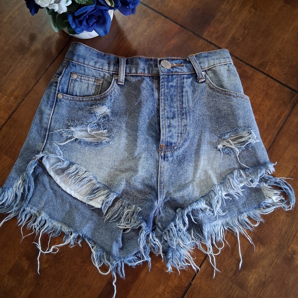 Signature Blue Jean Shorts Distressed Frayed Hem